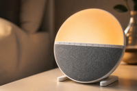 Gros plan — sorties son baffle speaker + lumière lever du soleil