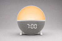 Réveil Pro — vue studio, grille speaker tissu gris + lumière aurore
