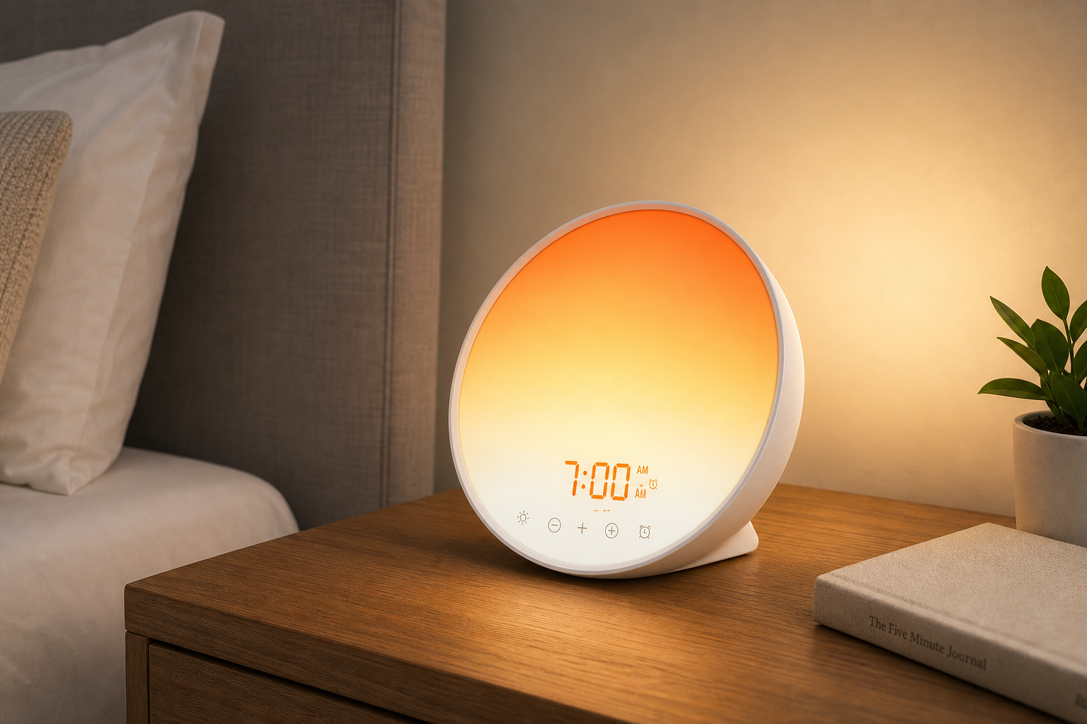 LumaRise sunrise wake-up light on nightstand